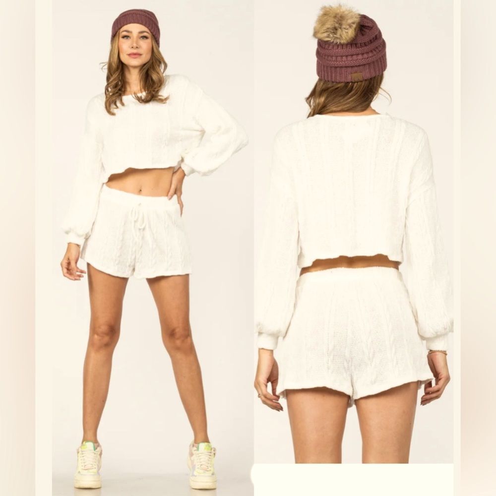 PORCELAIN WHITE CABLE RIB STITCH CROP TOP/MINI SHORT 2PC SET small